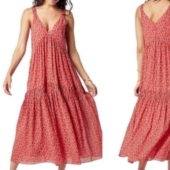 Joie Bondi Tiered Sleeveless Maxi Dress Red Pink Print Size Mwdium Women's EUC - Picture 1 of 4